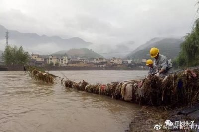 國網慶元縣供電公司：清理10千伏線路拉線上被洪水帶來的垃圾