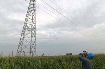 運維檢修部輸電運維人員對服務(wù)區(qū)供電線路設(shè)備雨后踩泥巡視